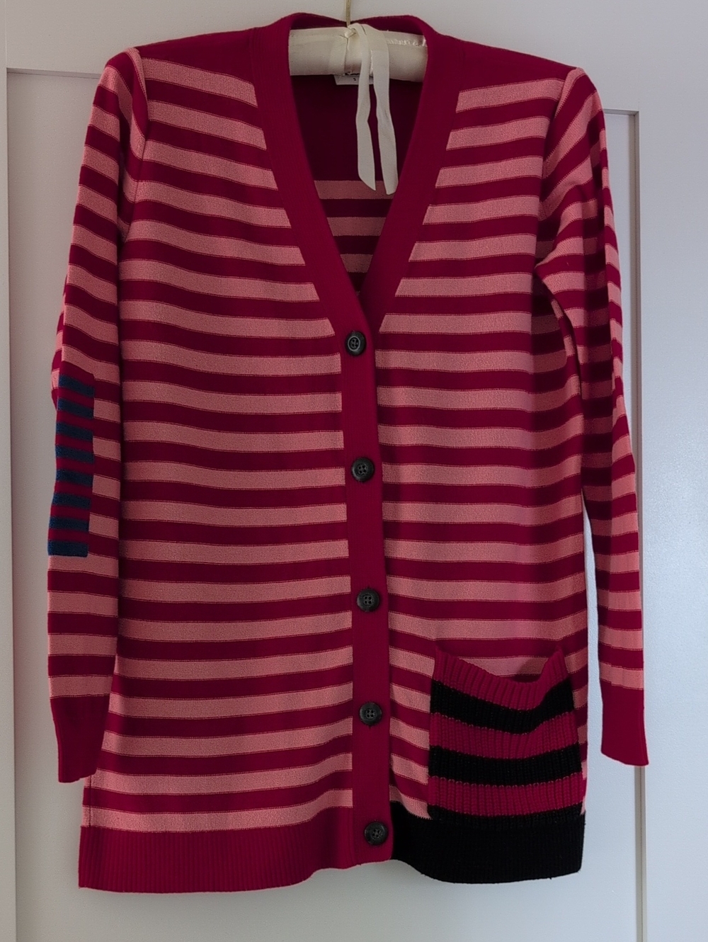 CAbi Pink and Red Striped Button Cardigan